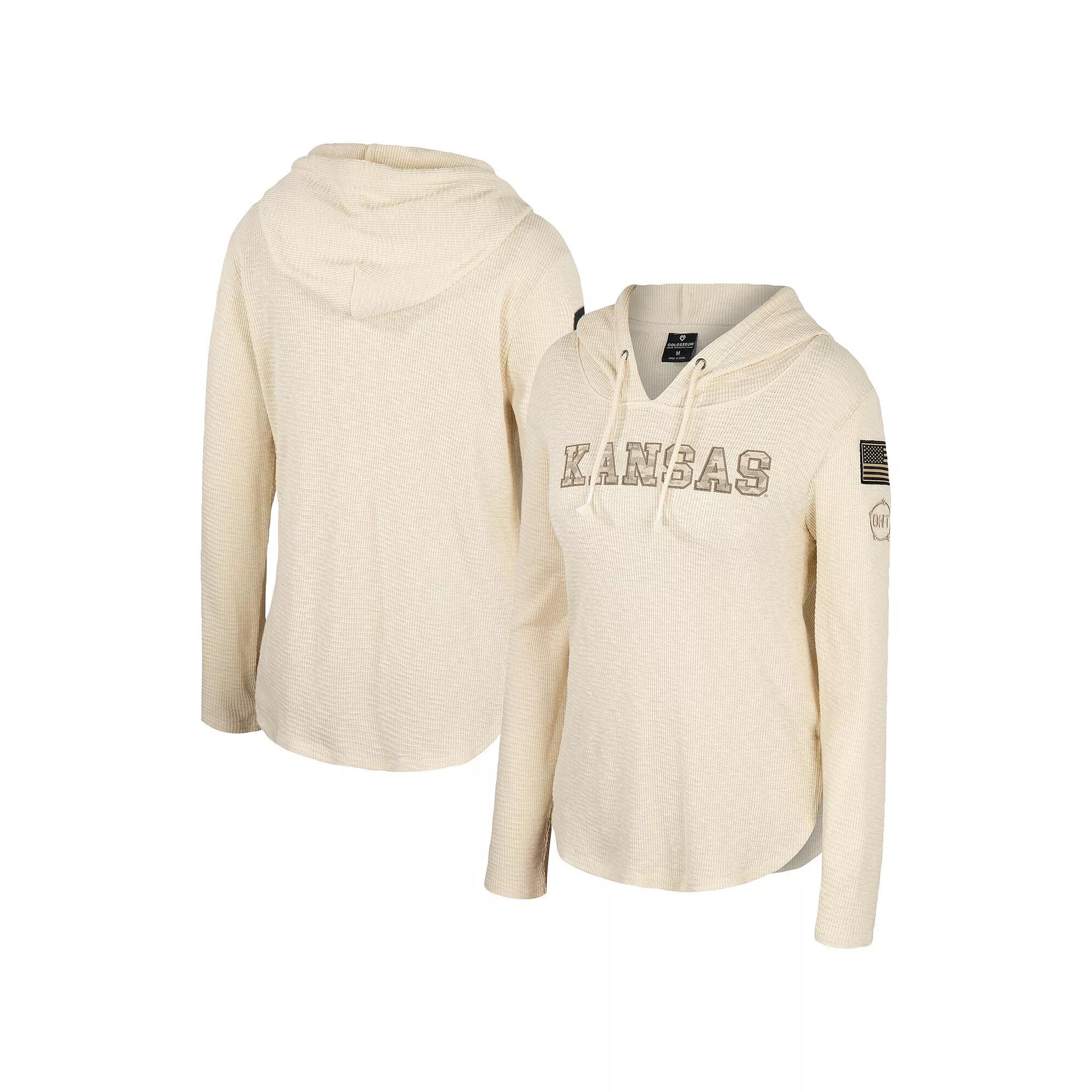 Women's Colosseum Cream Kansas Jayhawks OHT Military Appreciation Casey Raglan Long Sleeve Hoodie T-Shirt,  Product Image