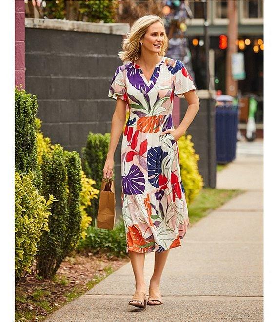 Nurture Leaf Print Short Flutter Sleeve V-Neck A-Line Maxi Dress Product Image