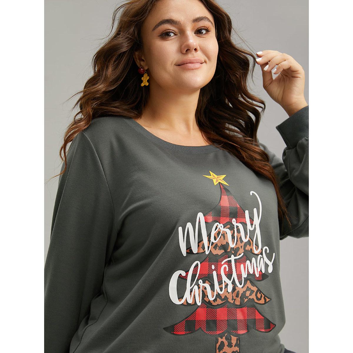 Plus Size Christmas Trees Round Neck Rib Knit Sweatshirt Women Gray Casual Rib Knit Festival-Christmas Sweatshirts BloomChic 14-16/1X Product Image