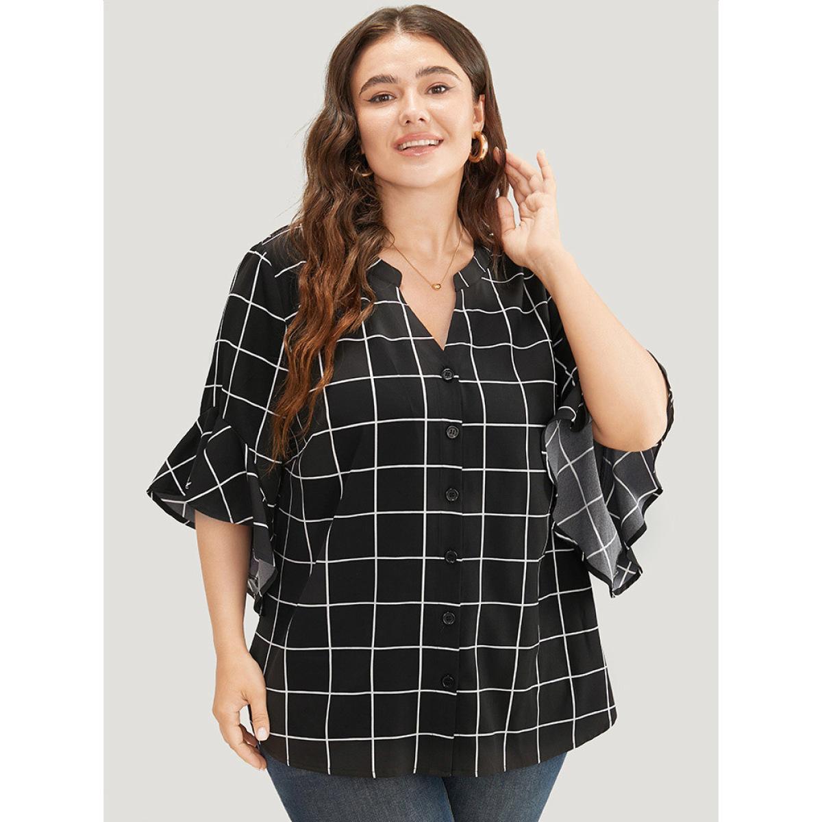 Plus Size Black Plaid Notched Button Up Ruffle Sleeve Split Hem Blouse Women Office Elbow-length sleeve Notched collar Work Blouses BloomChic 28/5X Product Image