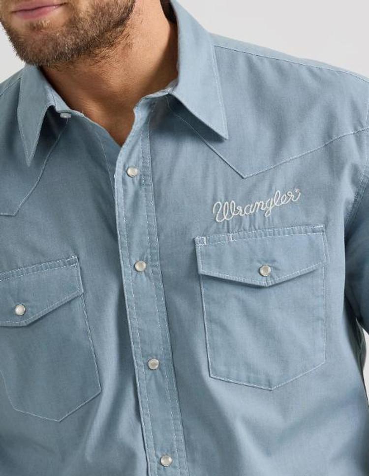 SALE Wrangler® Men's L/S Vintage Inspired Chambray Logo Snap Workshirt Product Image