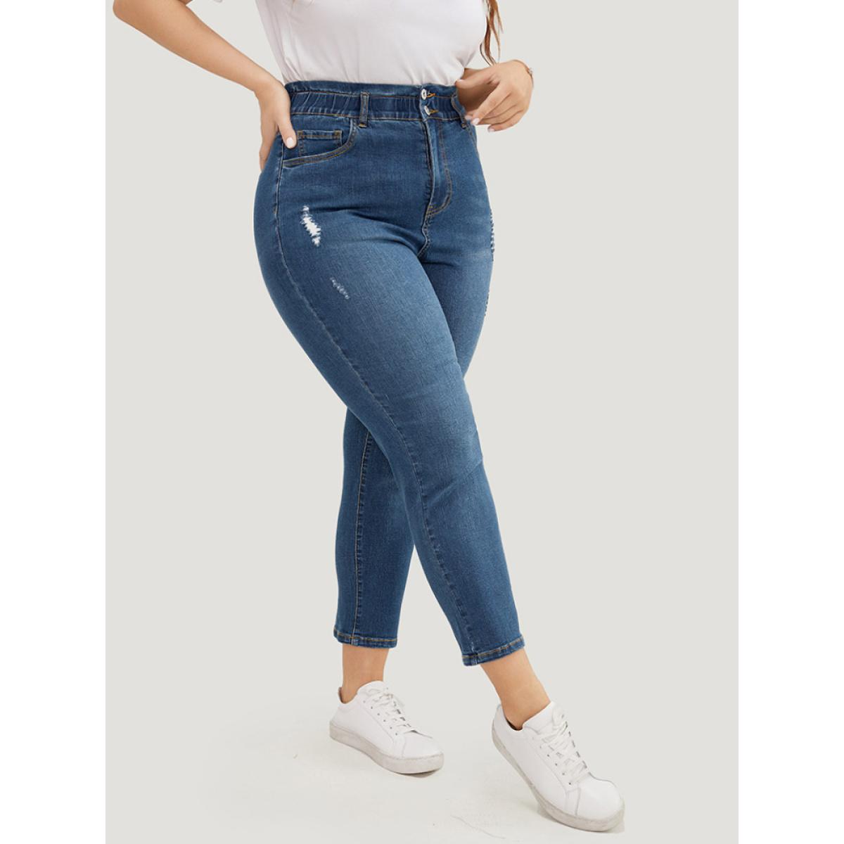 Plus Size Very Stretchy High Rise Medium Wash Ripped Jeans Women Indigo Casual Plain High stretch Pocket Jeans BloomChic 28/5X Product Image