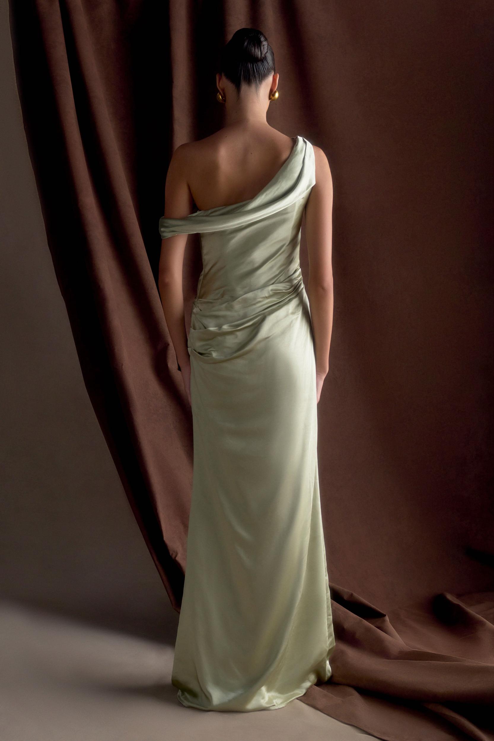 Dalia Off Shoulder Satin Maxi Dress - Sage Product Image