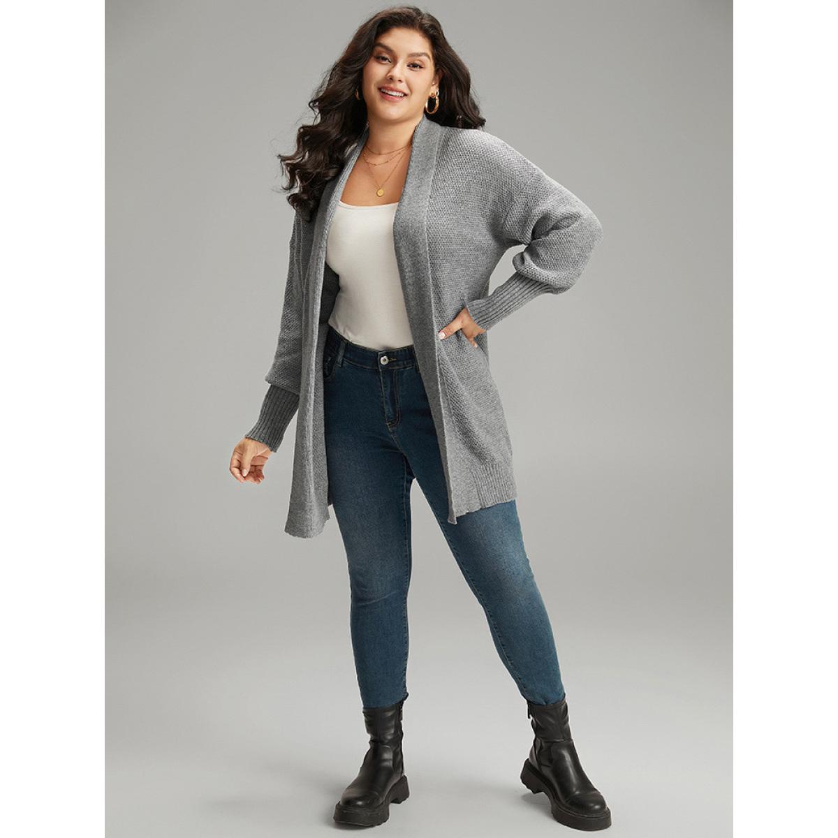 Plus Size Plain Open Front Elastic Cuffs Cardigan DarkGray Women Casual Loose Long Sleeve Dailywear Cardigans BloomChic 12/L Product Image