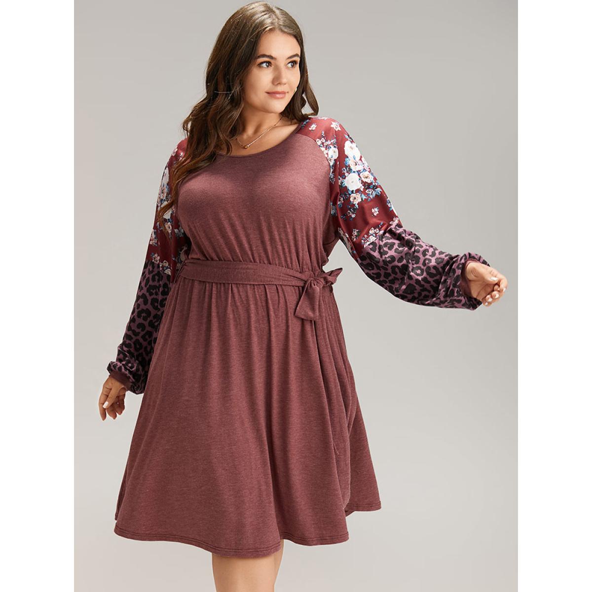 Plus Size Floral Leopard Patchwork Belted Lantern Sleeve Dress DustyPink Women Casual Belted Round Neck Long Sleeve Curvy Midi Dress BloomChic 10/M Product Image