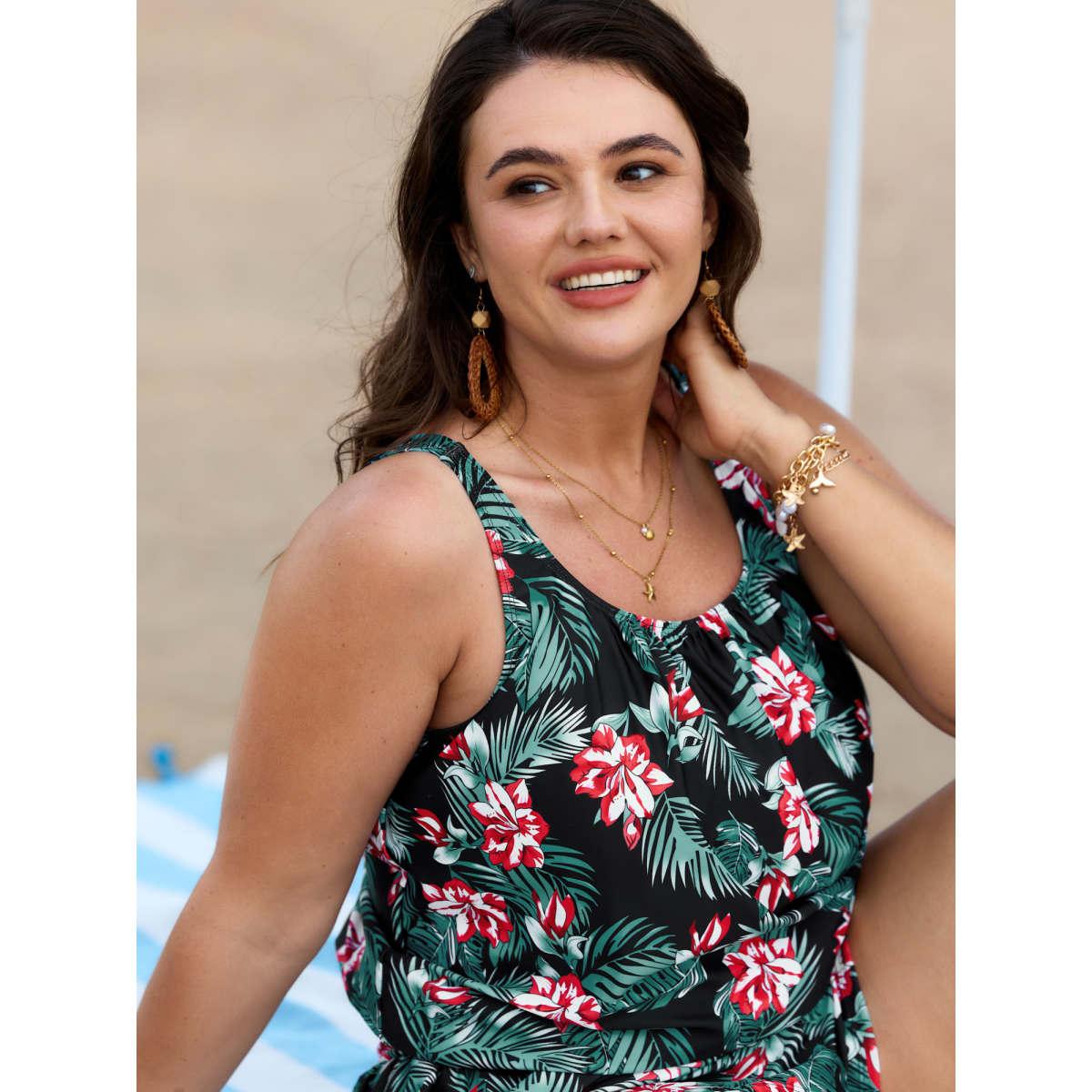 Plus Size Tropical Flower Print Pockets One-Piece Swimsuit Women's Swimwear Indigo Resort Gathered Curve Bathing Suits High stretch One Pieces BloomChic 22-24/3X Product Image