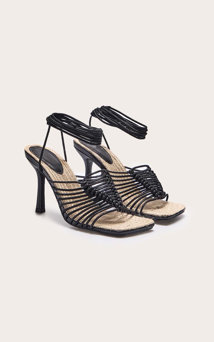 Black Pu Square Knotted Toe Lace Up Heeled Sandals Product Image