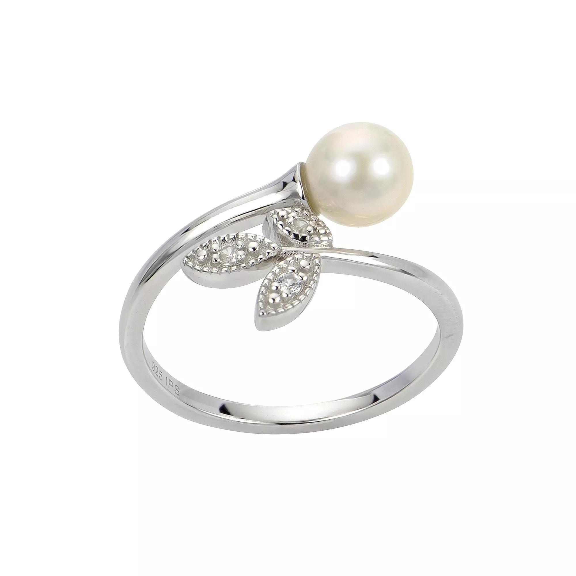 PearLustre by Imperial Sterling Silver Freshwater Cultured Pearl & Lab-Created White Sapphire Vintage Leaf Ring, Womens Product Image