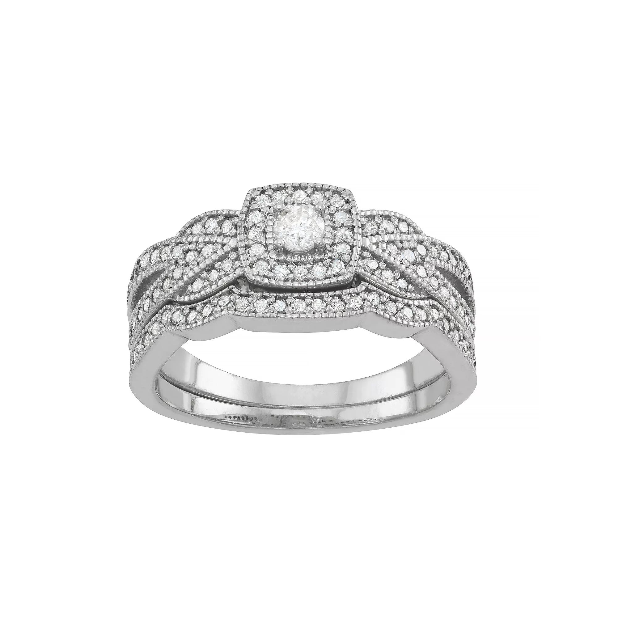Tiara Sterling Silver 1/2 Carat T.W. Diamond Halo Engagement Ring Set, Womens Product Image