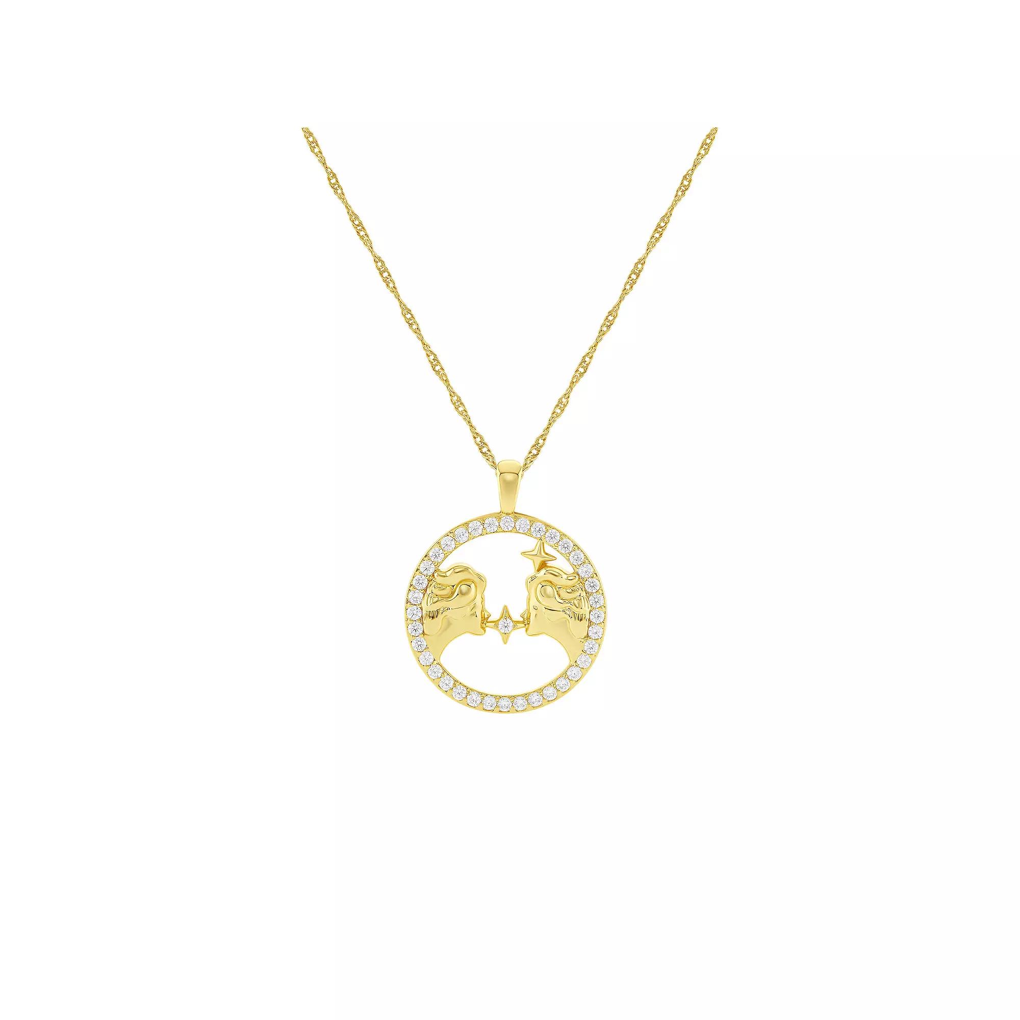 PRIMROSE 18k Gold Plated Cubic Zirconia Zodiac Coin Pendant Necklace, Womens Gemini Product Image