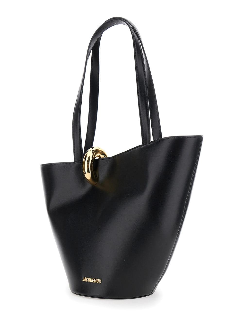 JACQUEMUS The Medium Bambola Asymmetric Leather Bucket Bag In Black 990 Product Image