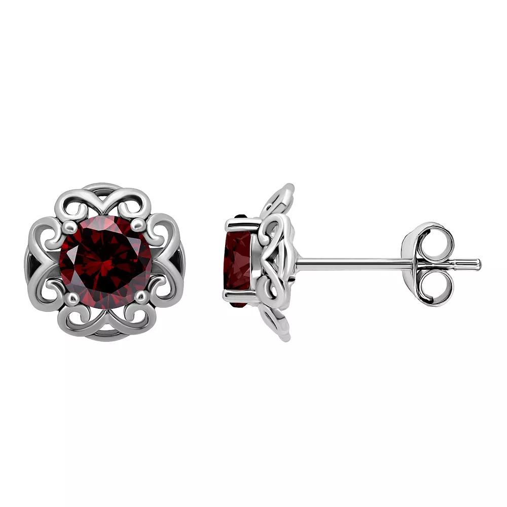 Aleure Precioso Sterling Silver Gemstone Scalloped Stud Earrings, Women's, Silver Tone Red Product Image