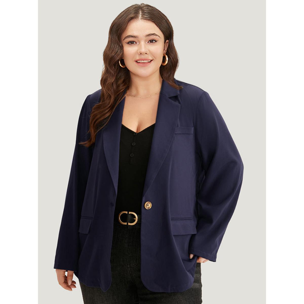 Plus Size Button Through Belted Blazer Indigo Women Dailywear Plain Plain Sleeve Long Sleeve Suit Collar 10/M Pocket Belt Elegant Blazers BloomChic Product Image