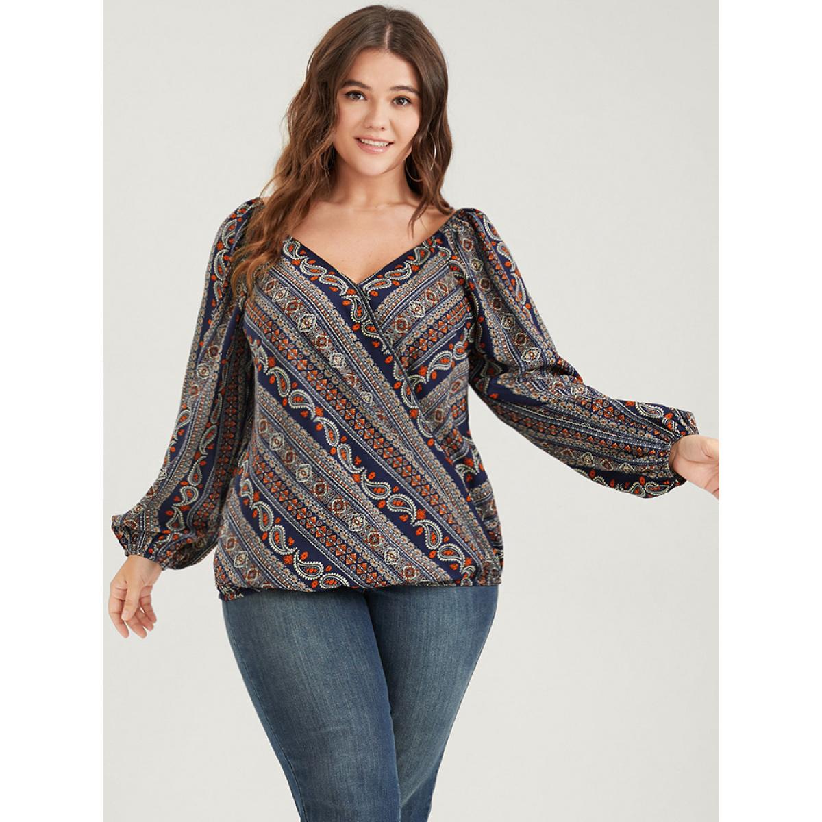 Plus Size DarkBlue Bandana Striped Lantern Sleeve Button Backless Wrap Blouse Women Elegant Long Sleeve V-neck Dailywear Blouses BloomChic 12/L Product Image