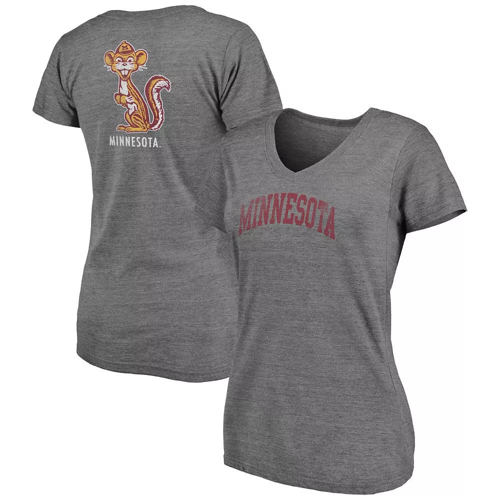 Women's Fanatics Branded Heathered Gray Minnesota Golden Gophers Slab Serif 2-Hit V-Neck Tri-Blend T-Shirt,  Product Image