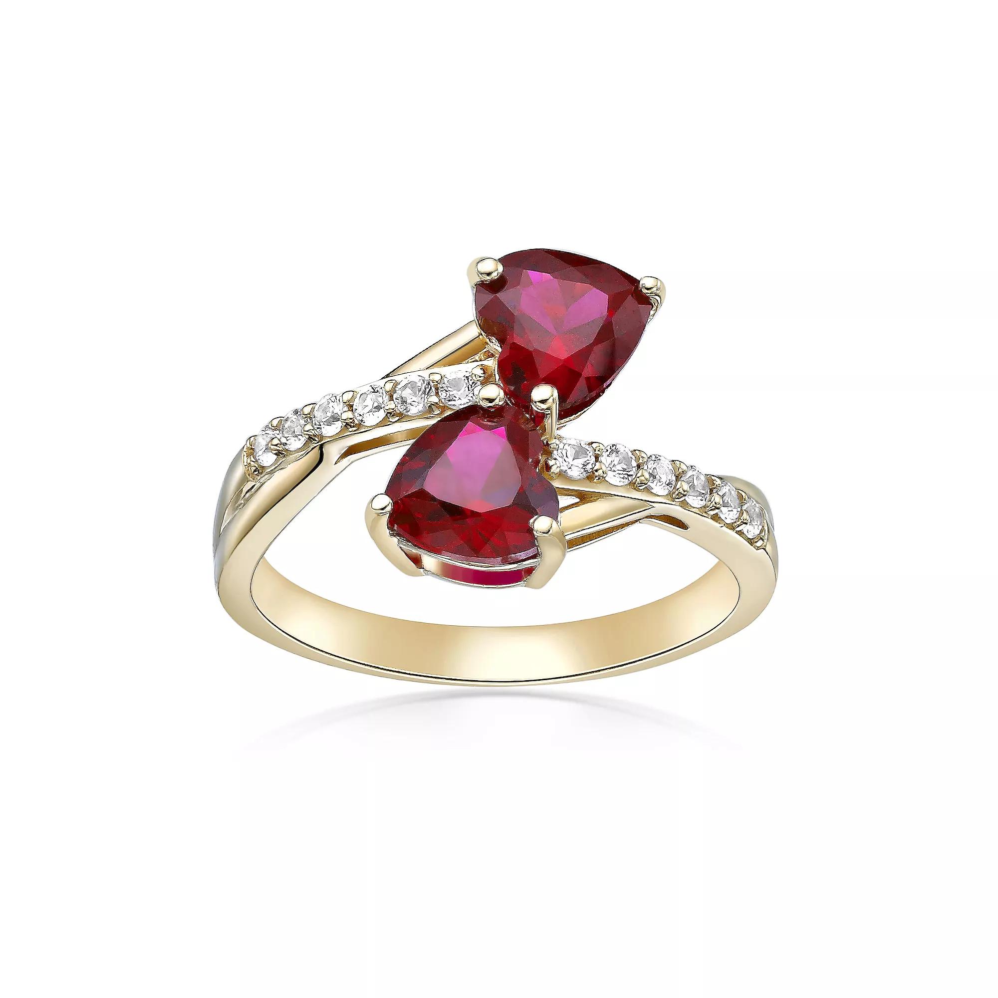 Gemminded 18k Gold Over Silver Lab-Created Gemstone & Lab-Created White Sapphire Two-Heart Ring, Womens Created Red Product Image