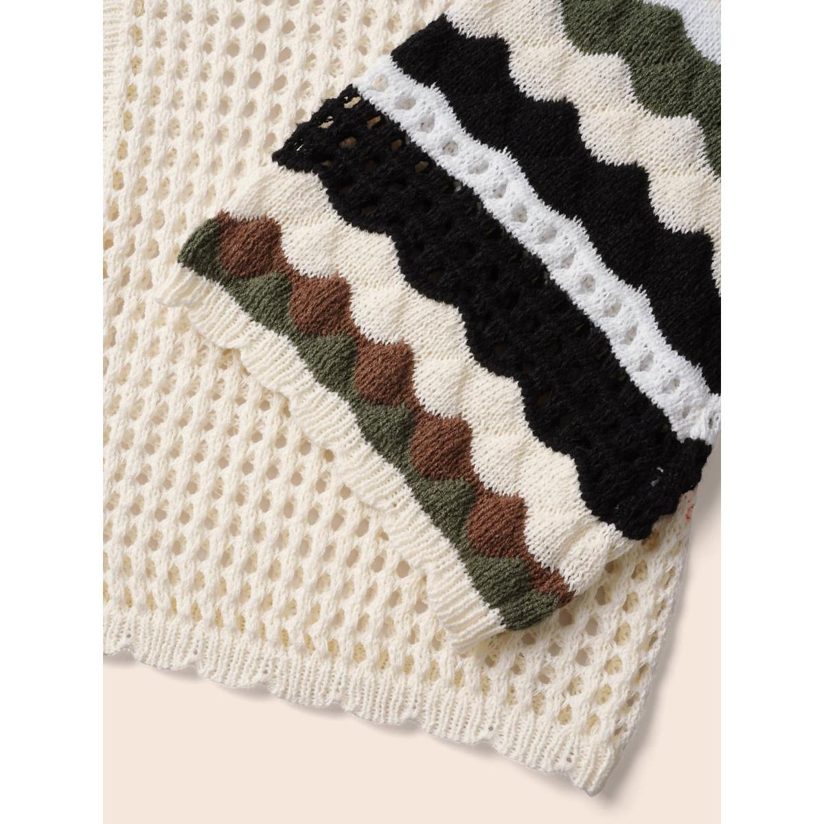 Plus Size Striped Cut Out Bell Sleeve Cardigan Beige Women Leisure Loose Three Quarter Length Sleeve Casual Cardigans BloomChic 10/M Product Image