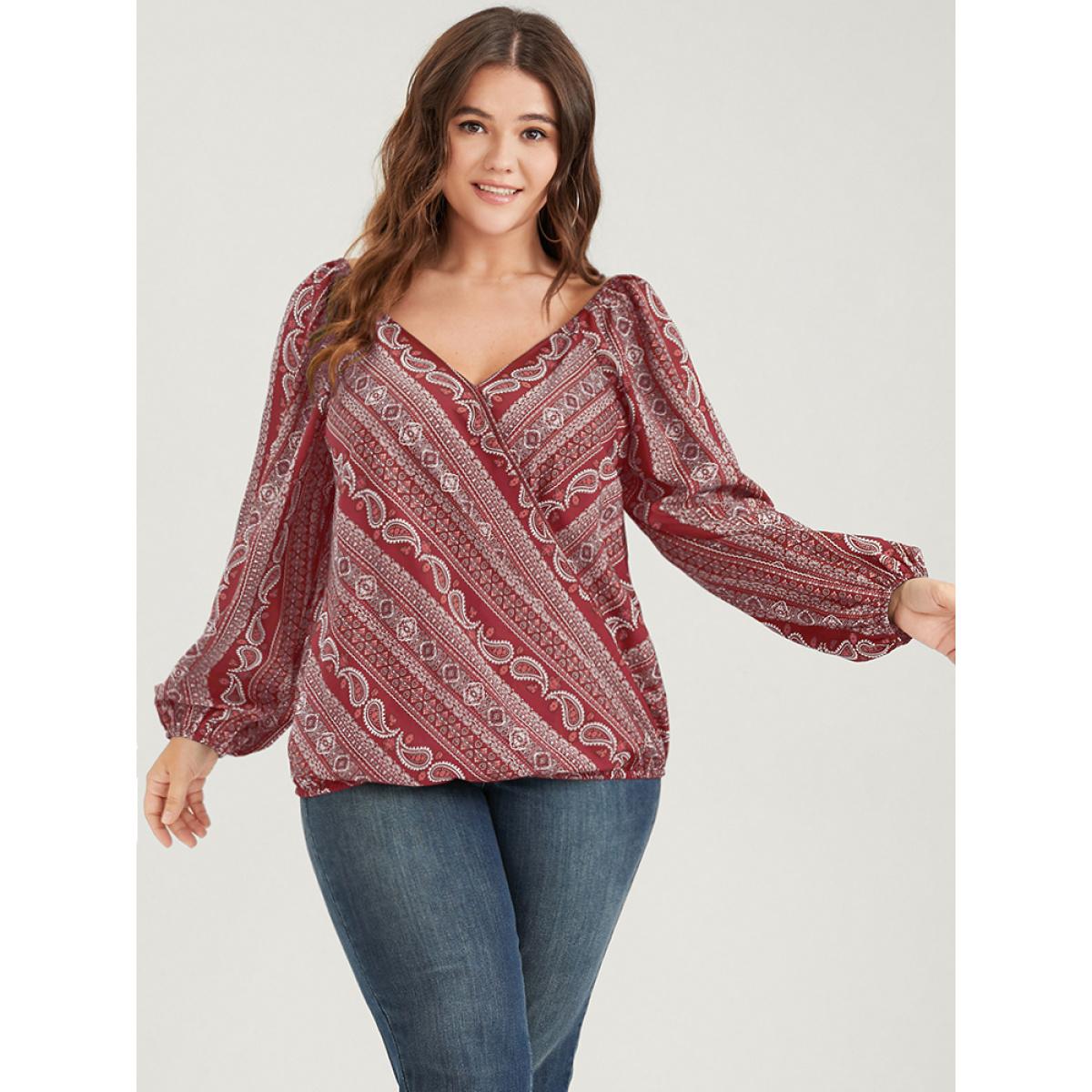 Plus Size Red Bandana Striped Lantern Sleeve Button Backless Wrap Blouse Women Elegant Long Sleeve V-neck Dailywear Blouses BloomChic 22-24/3X Product Image