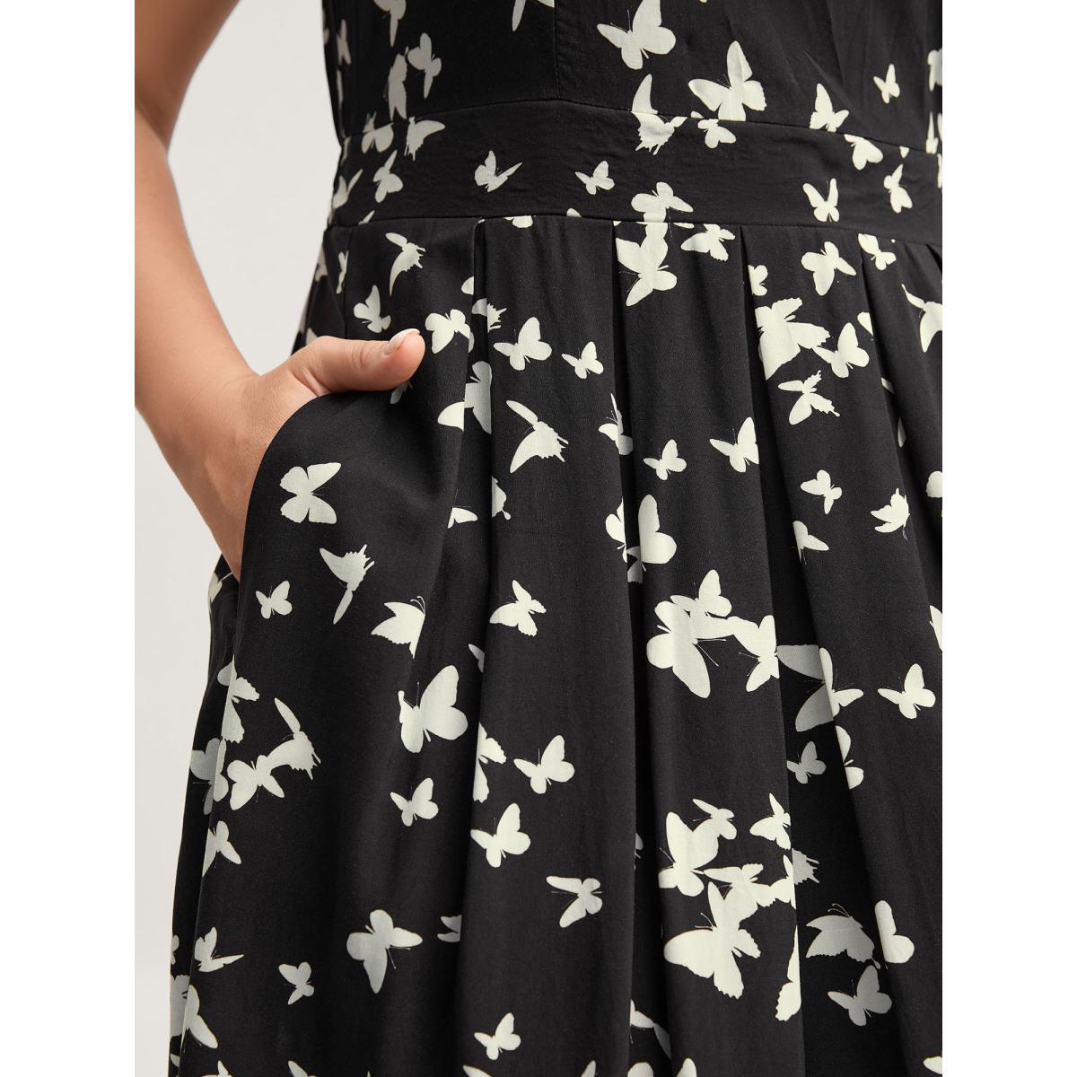 Plus Size Rayon Monochrome Butterfly Stretchy Midi Dress BlackFlower Women Timeless Boat Neck Cap Sleeve Curvy BloomChic 22-24/3X Product Image