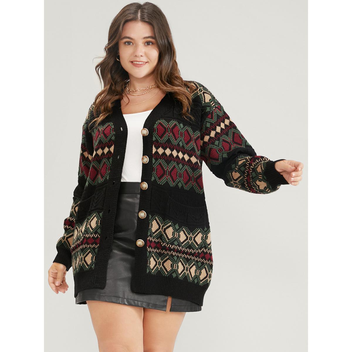 Plus Size Geometric Contrast Pointelle Knit Pocket Jacquard Button Front Cardigan Multicolor Women Casual Loose Long Sleeve Dailywear Cardigans BloomChic 12/L Product Image