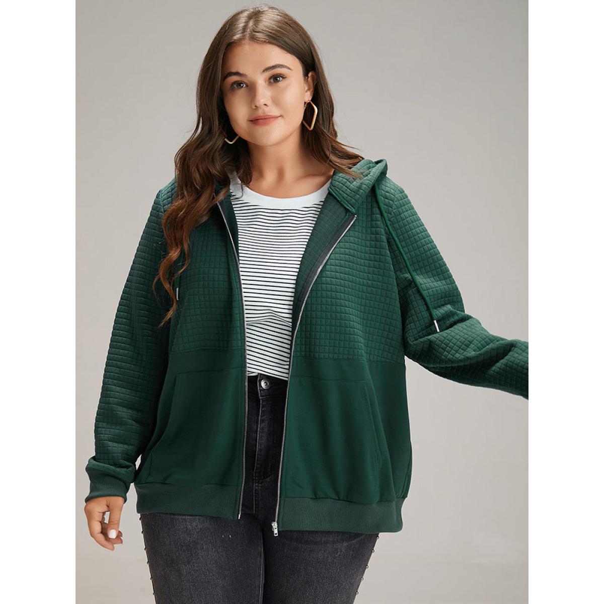 Plus Size Plain Texture Pocket Zipper, Sweatshirt Women DarkGreen Casual Elastic cuffs Hooded Dailywear Sweatshirts BloomChic 26/4X Product Image
