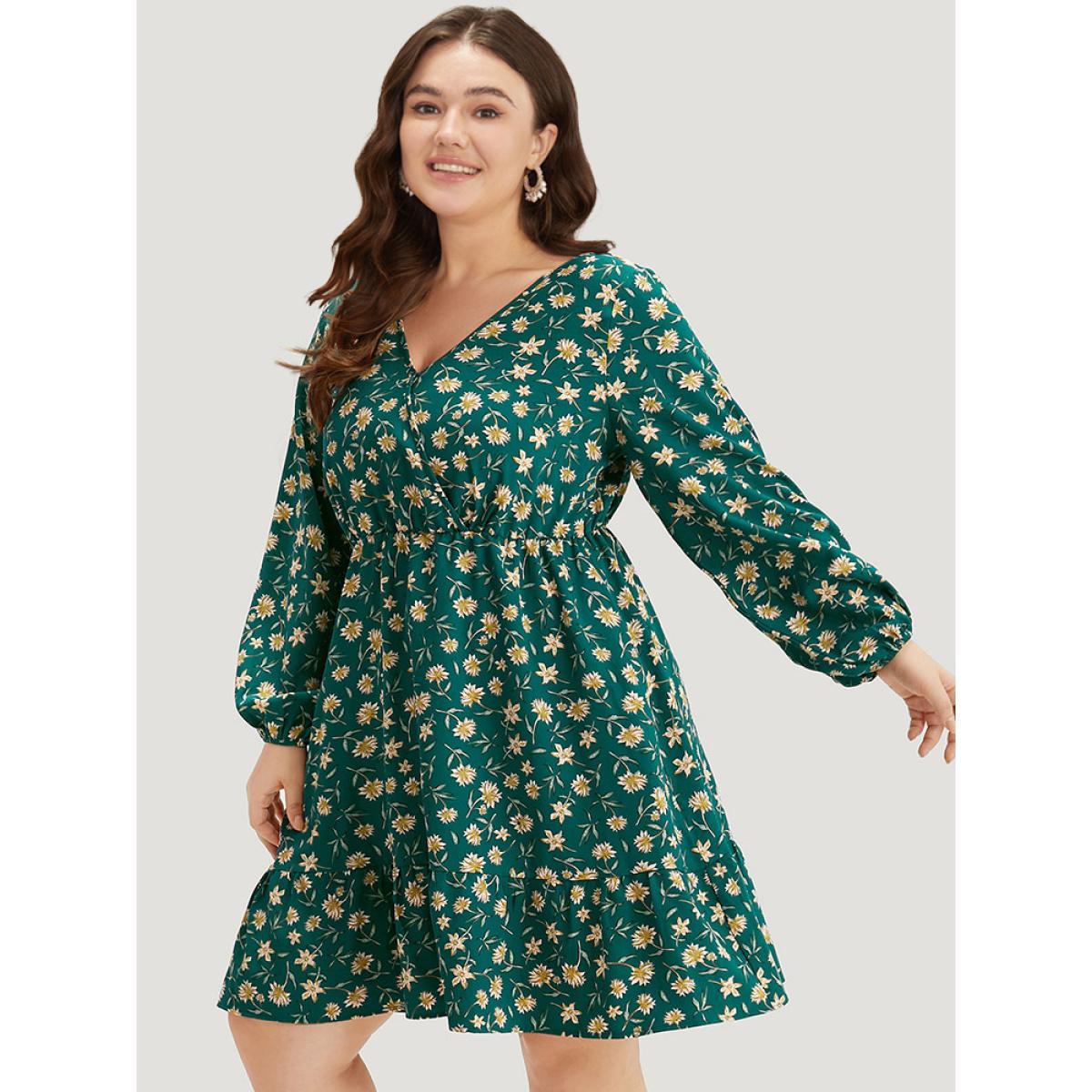 Plus Size Floral Print Surplice Neck Elastic Cuffs Dress Teal Women Elegant Elastic cuffs V-neck Long Sleeve Curvy Midi Dress BloomChic 18-20/2X Product Image