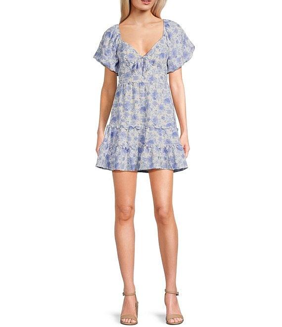 Midnight Doll Floral Print V-Neck Short Puff Sleeve Tiered Dress Product Image