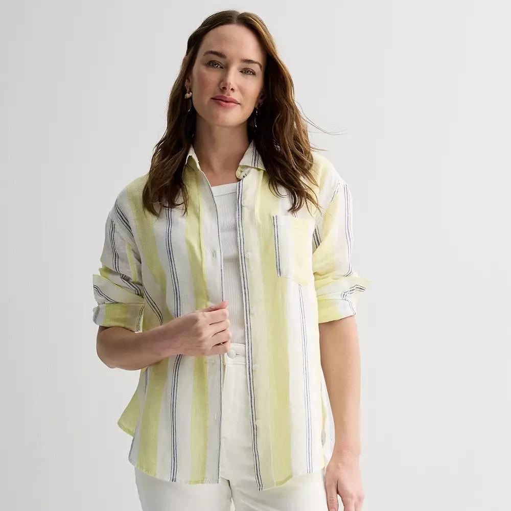 Women's Sonoma Goods For Life® Oversized Linen-Blend Boyfriend Shirt, Size: XL, Yellow Blue Stripe Product Image