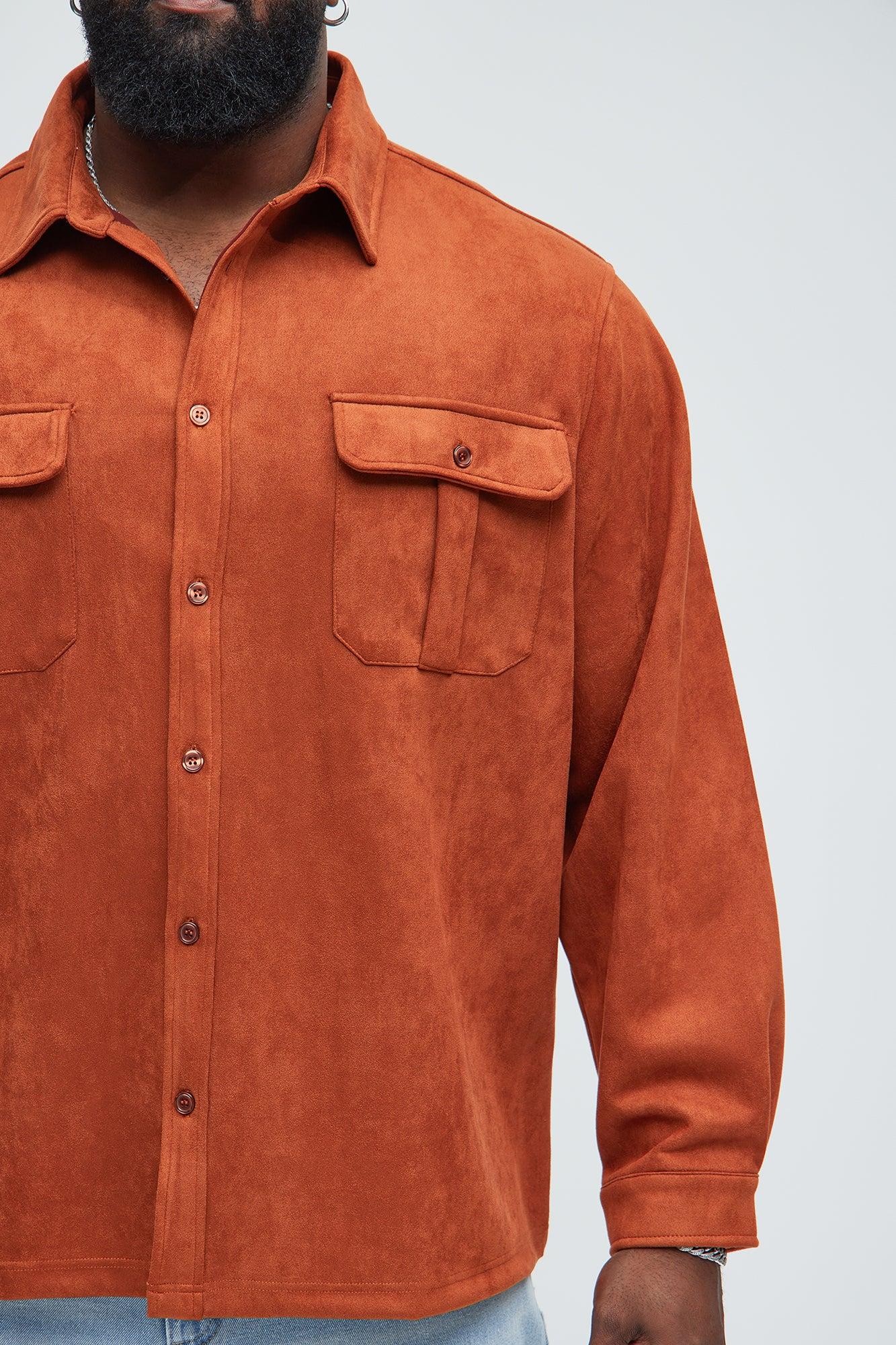 Ardee Faux Suede Button Up Shirt - Brown Product Image
