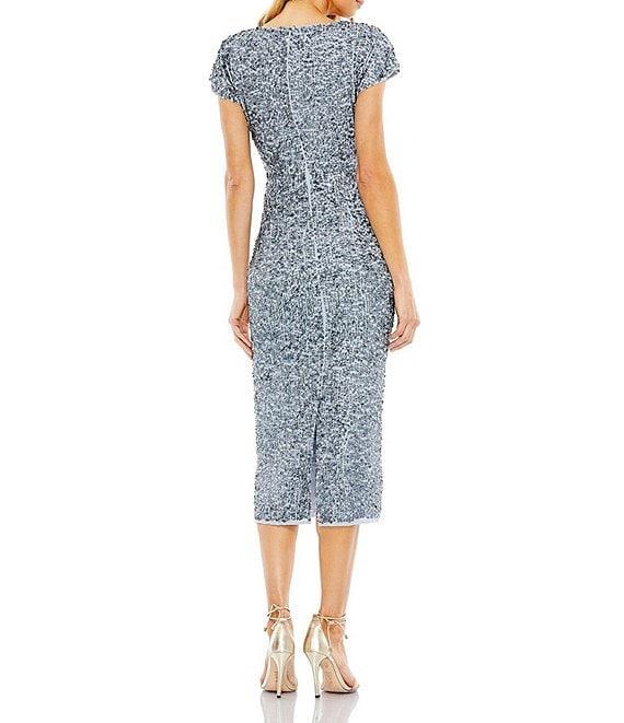 Mac Duggal Sequin Beaded Bodice V-Neck Short Sleeve Midi Dress Product Image