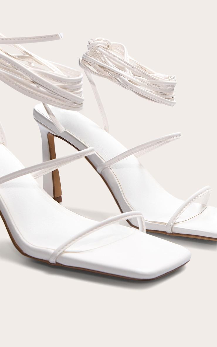 White Pu Square Toe Strappy Lace Up Mid Stiletto Heeled Sandals Product Image