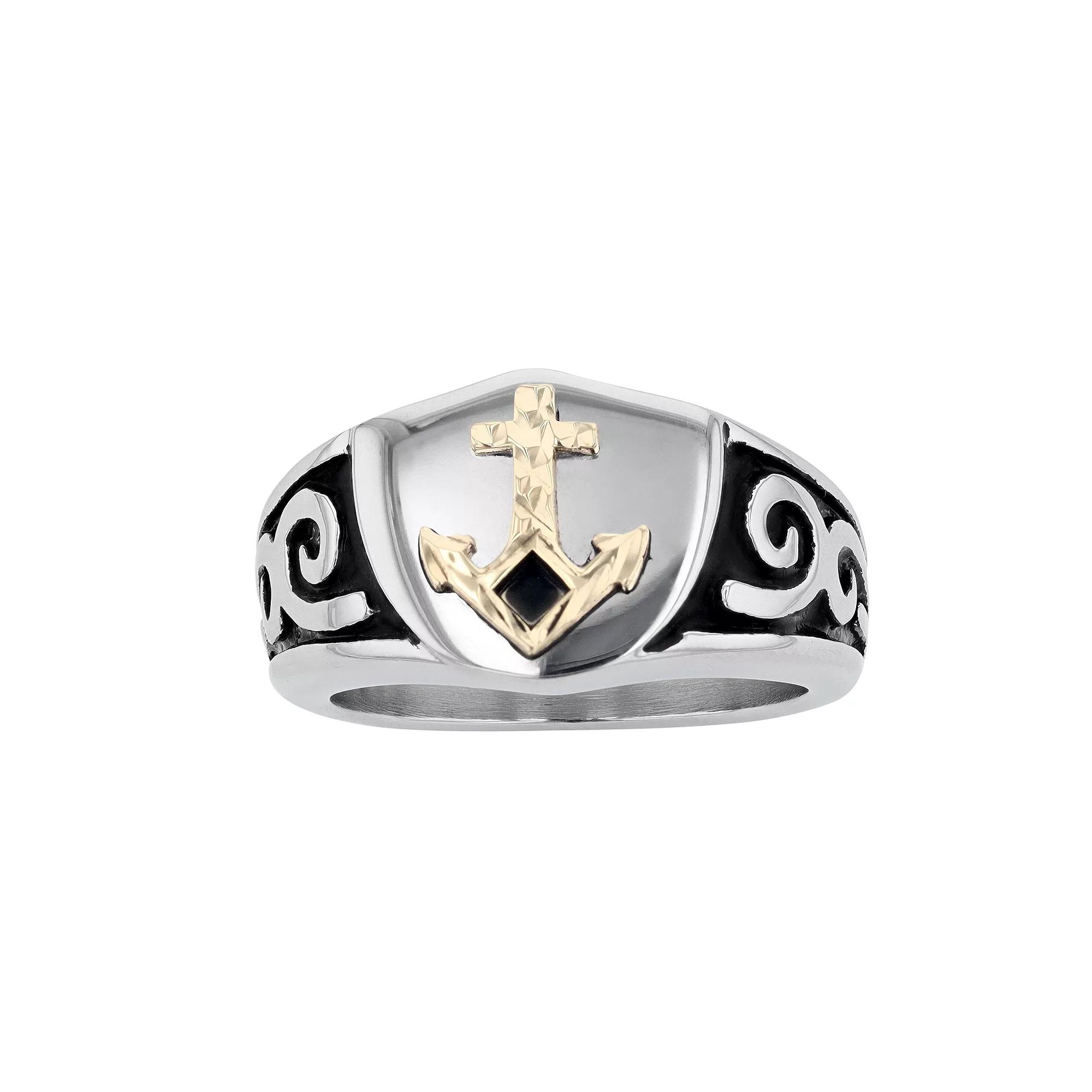 Men's Kristen Kesho 14k Gold Over Steel Anchor Shield Signet Ring, Size: 9, Stainless Product Image