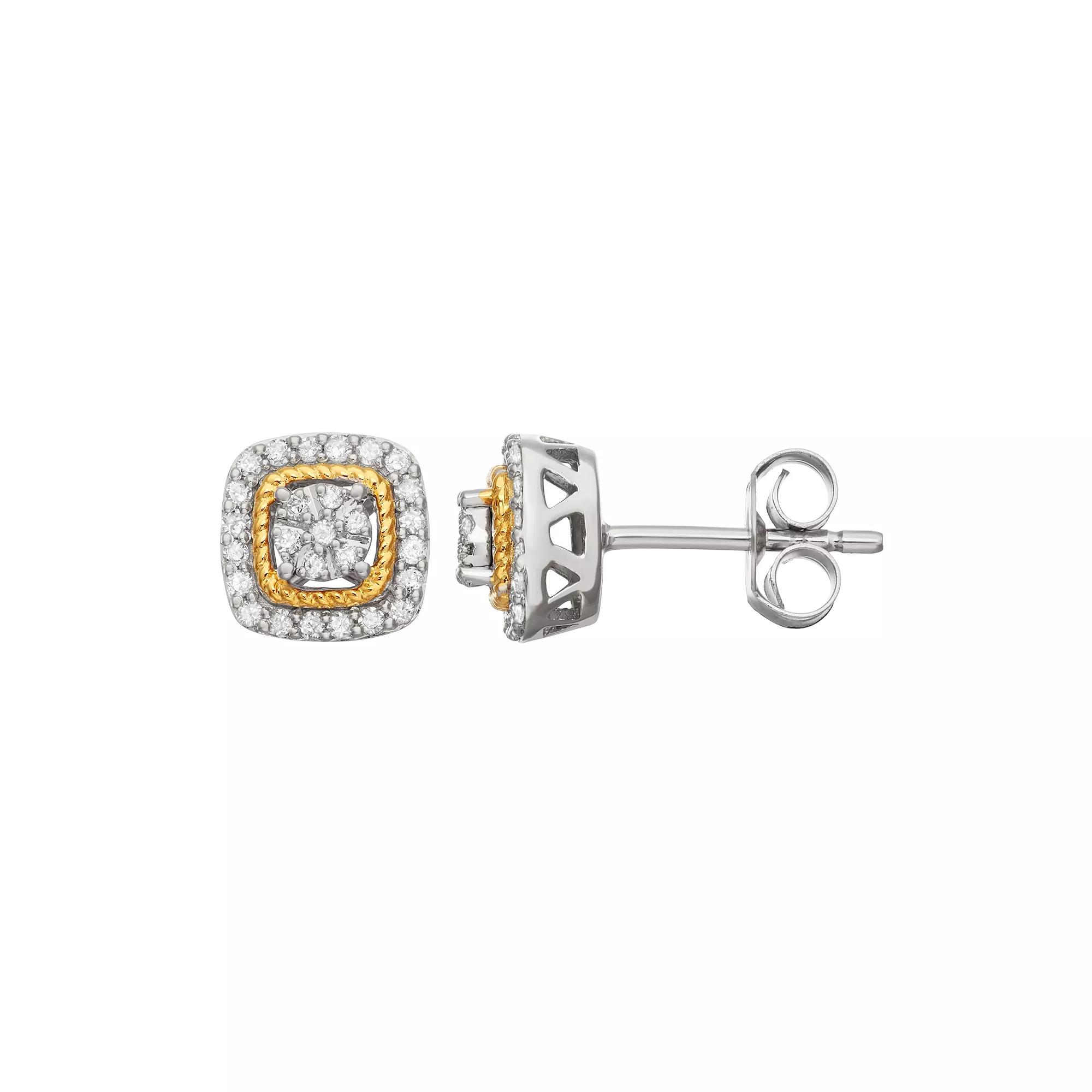 Two Tone Sterling Silver 1/4 Carat T.W. Diamond Square Halo Stud Earrings, Women's, Gold Tone Product Image