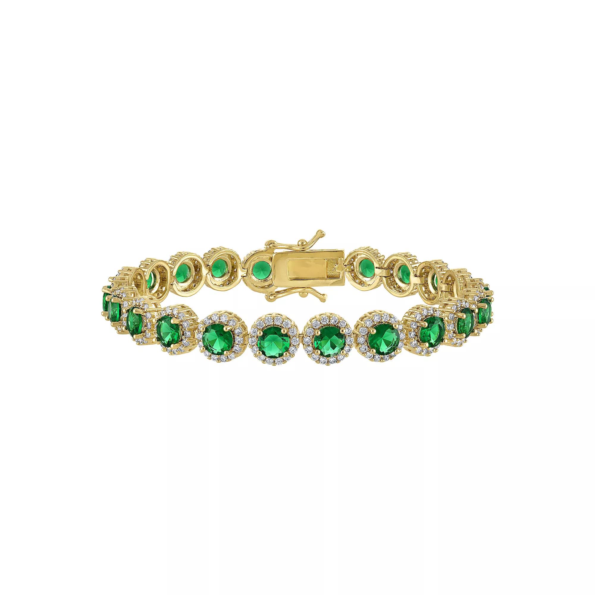 Ivy Sharpe Gold Plated Simulated Gemstone Halo Tennis Bracelet, Women's, Size: 7.25", Gold Tone Green Product Image