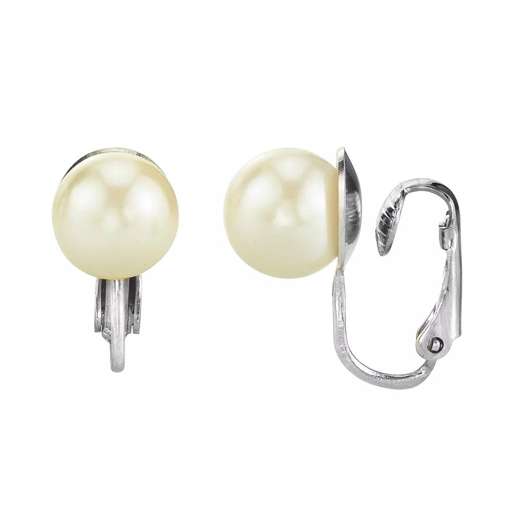 1928 Simulated Pearl Clip-On Earrings, Women's, Silver Tone Product Image