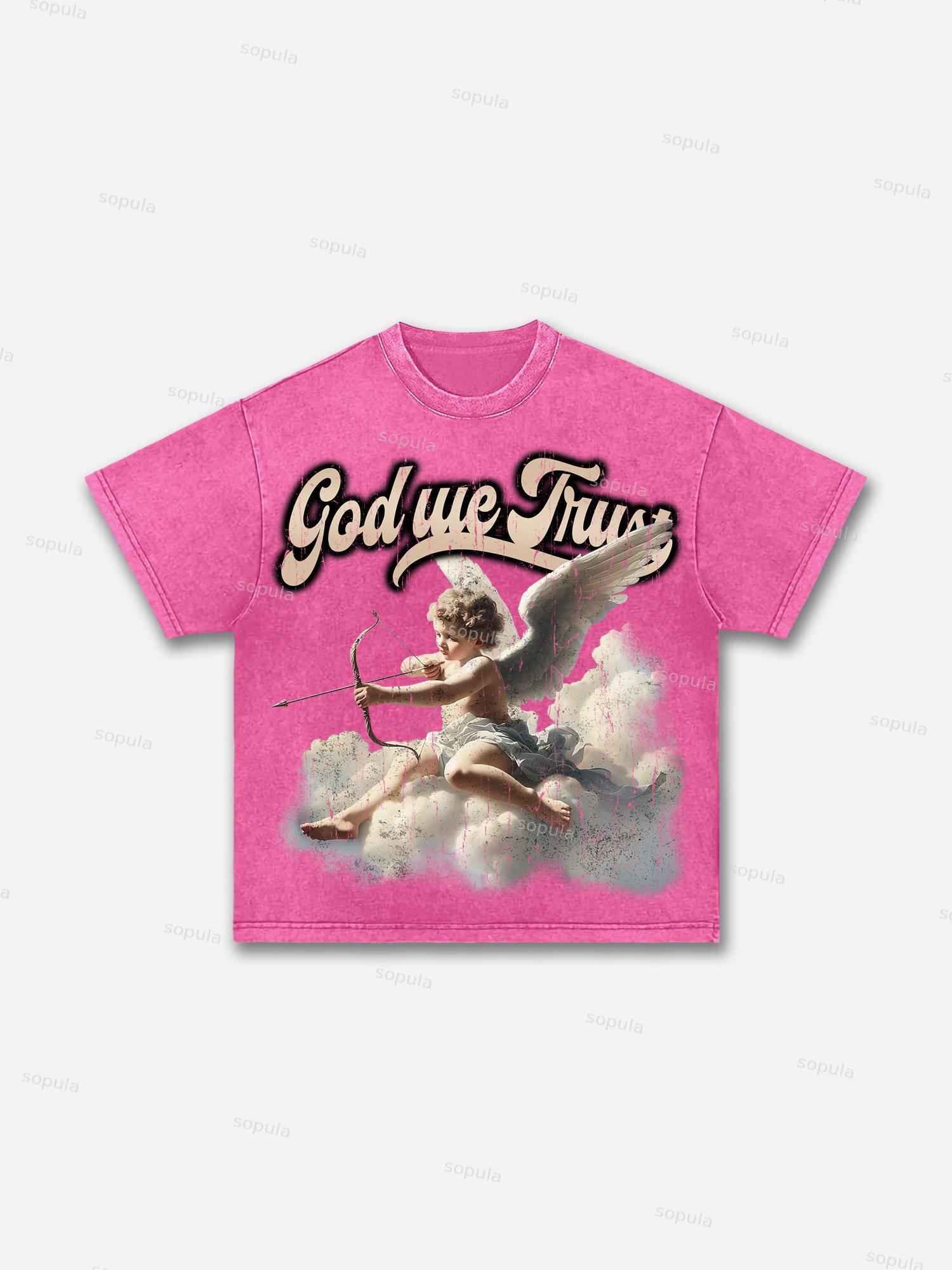 God We Trust Cupid Angel Aged Vintage Graphic Washed T-shirt Product Image