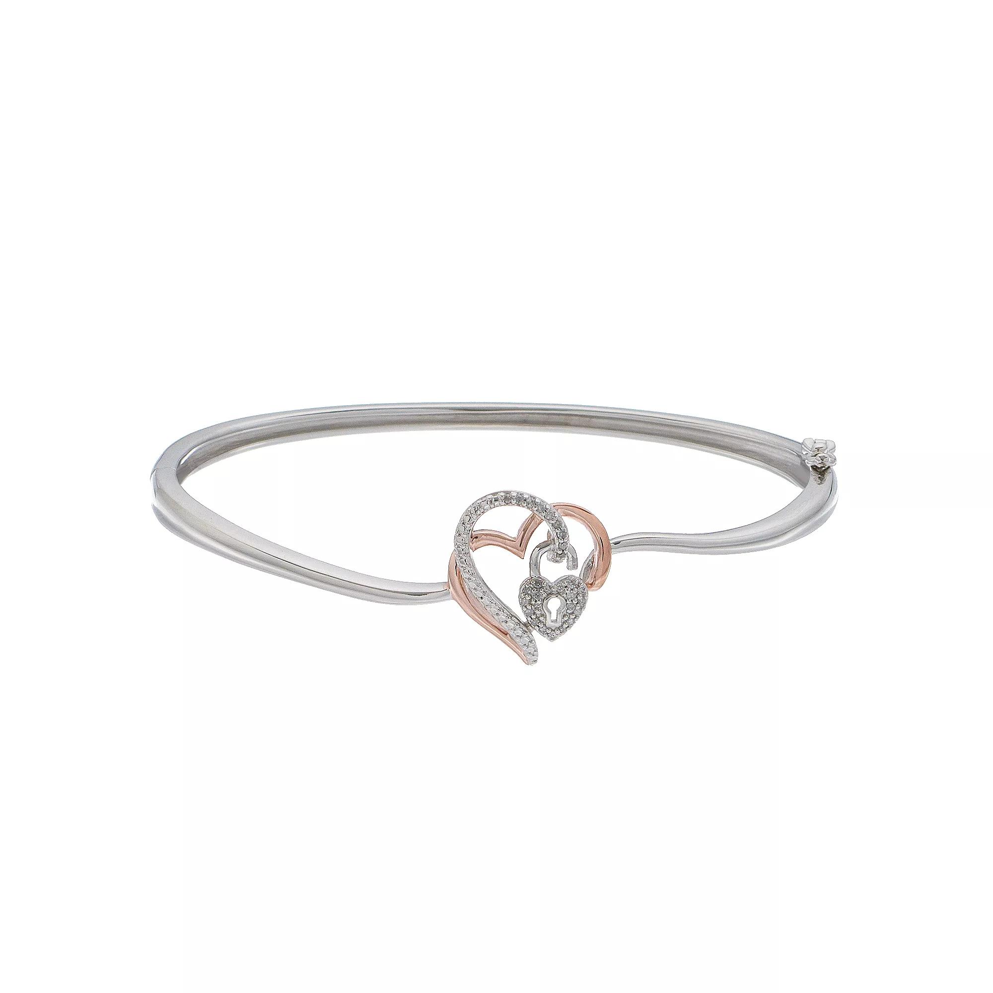Two Tone Sterling Silver 1/10 Carat T.W. Diamond Heart & Lock Bracelet, Women's Product Image