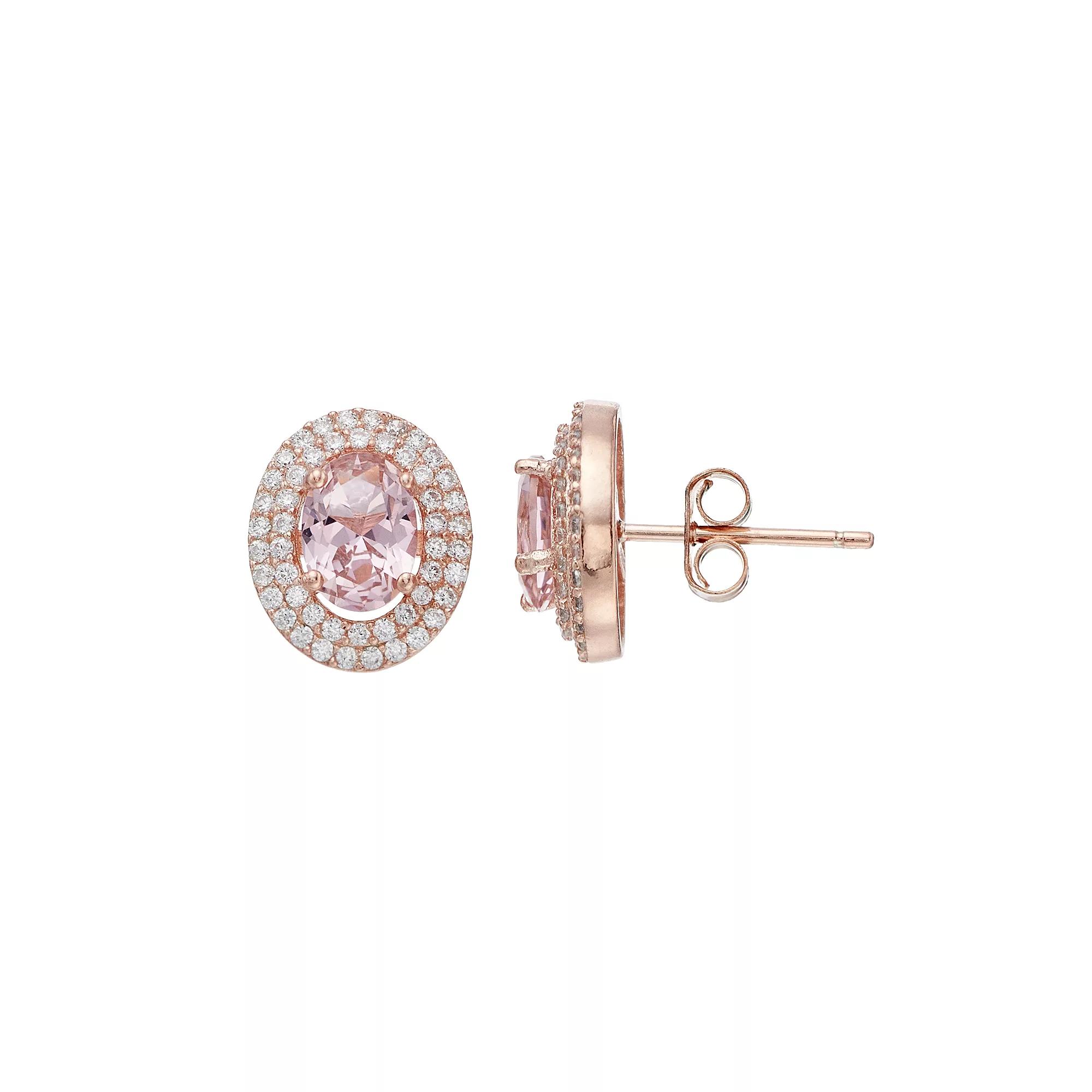 18k Rose Gold Over Silver Pink Crystal & Cubic Zirconia Oval Halo Stud Earrings, Women's, Pink Tone Product Image