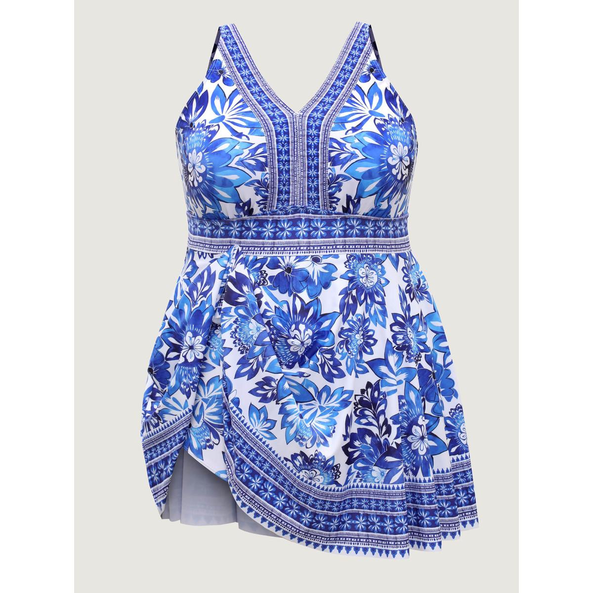 Plus Size Large Floral Print V-Neck Swim Dress Women's Swimwear Indigo Beach Bodycon V-neck High stretch Curve Swim Dresses BloomChic 10/M Product Image