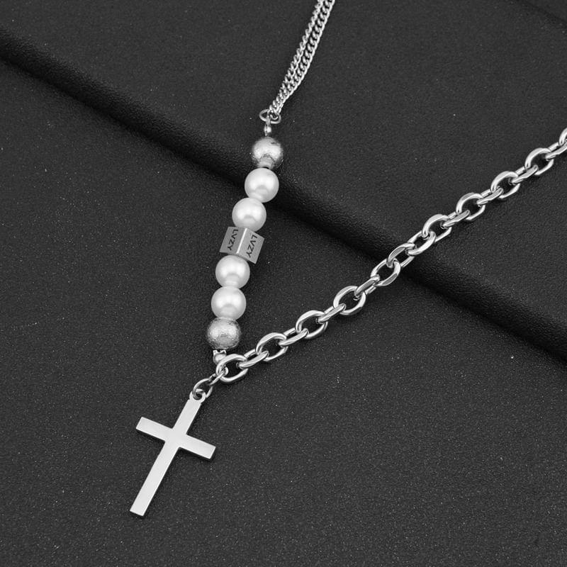 Cross Pendant Faux Pearl Chain Necklace Product Image