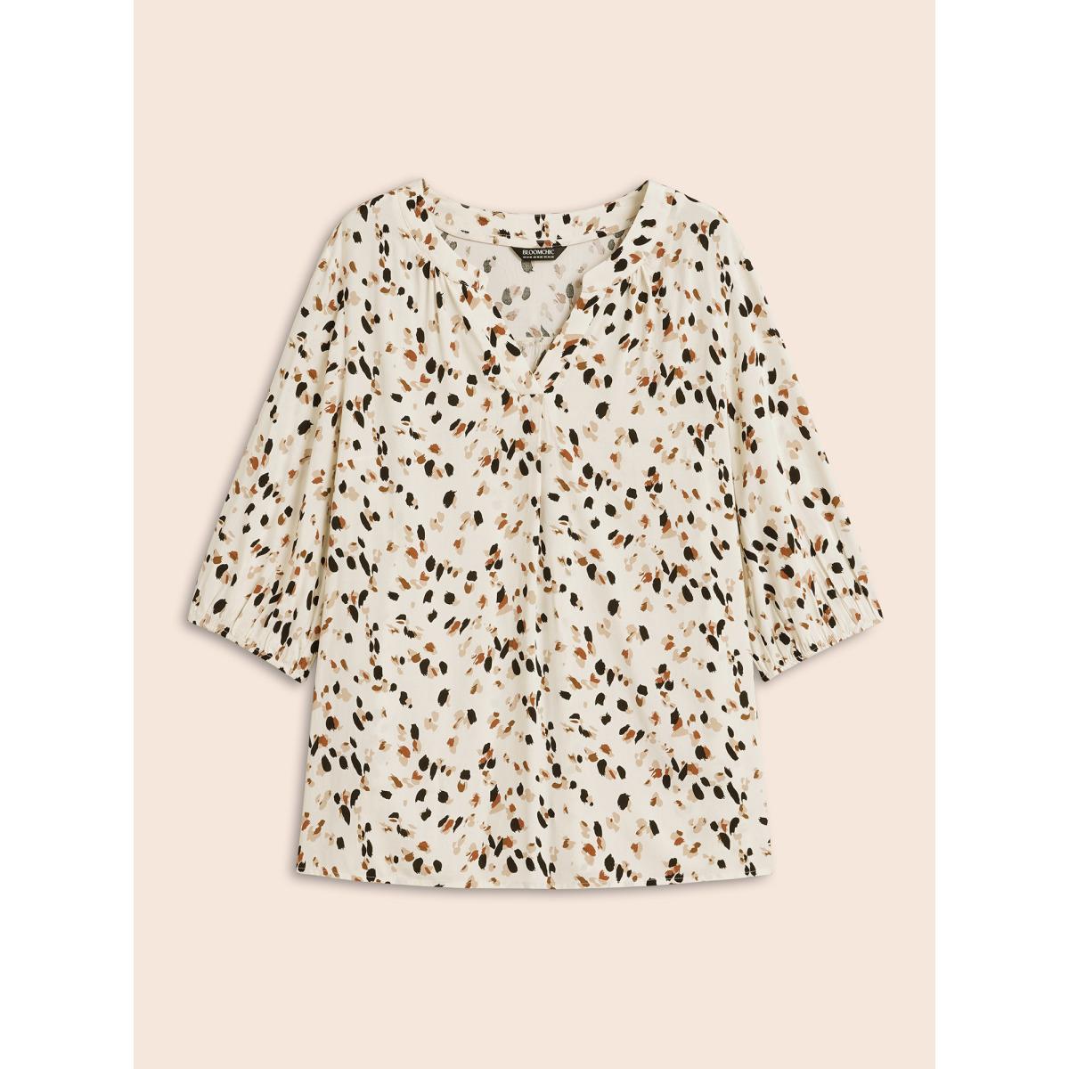Plus Size Apricot Allover Print Notched Lantern Sleeve Blouse Women Elegant Half Sleeve V-neck Dailywear Blouses BloomChic 30/6X Product Image