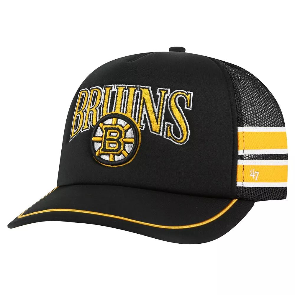 Men's '47 Black Boston Bruins Sideband Stripes Trucker Snapback Hat Product Image