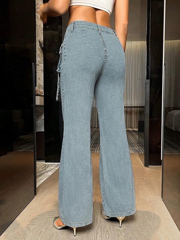 Straight Leg Pockets Split-Joint Streamer Jean Pants Bottoms Product Image