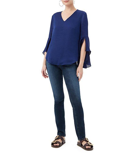 Trina Turk Yuki Crinkle Georgette V-Neck 3/4 Bell Sleeve Blouse Product Image