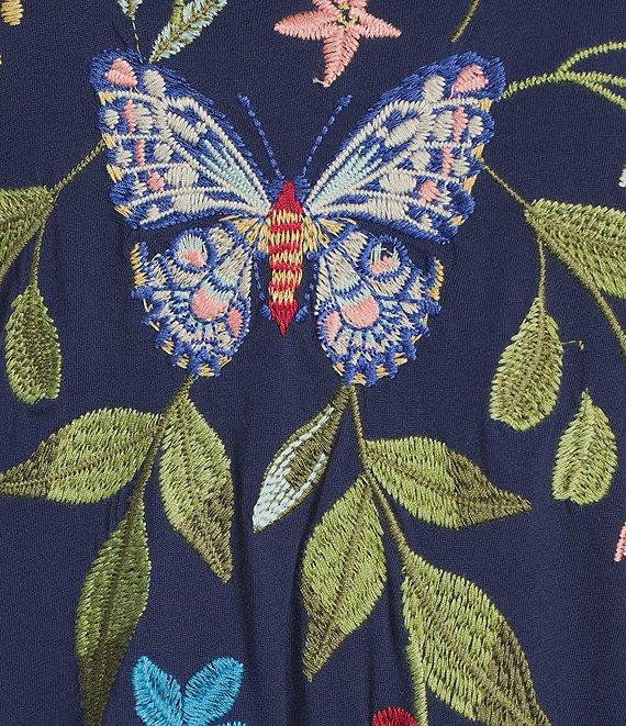 JOHNNY WAS Nicolette Embroidered Placement Floral Cotton Knit Crew Neck Short Sleeve Handkerchief Hem Dress Product Image