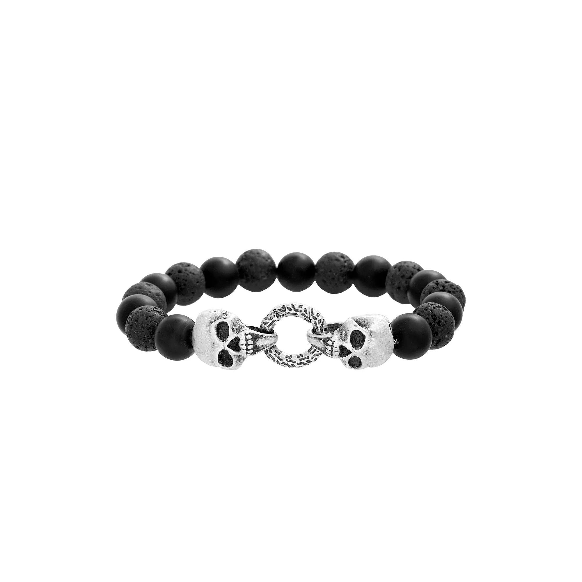 Men's Lava Bead & Stainless Steel Skull Bracelet, Size: 9", Silver Tone Product Image
