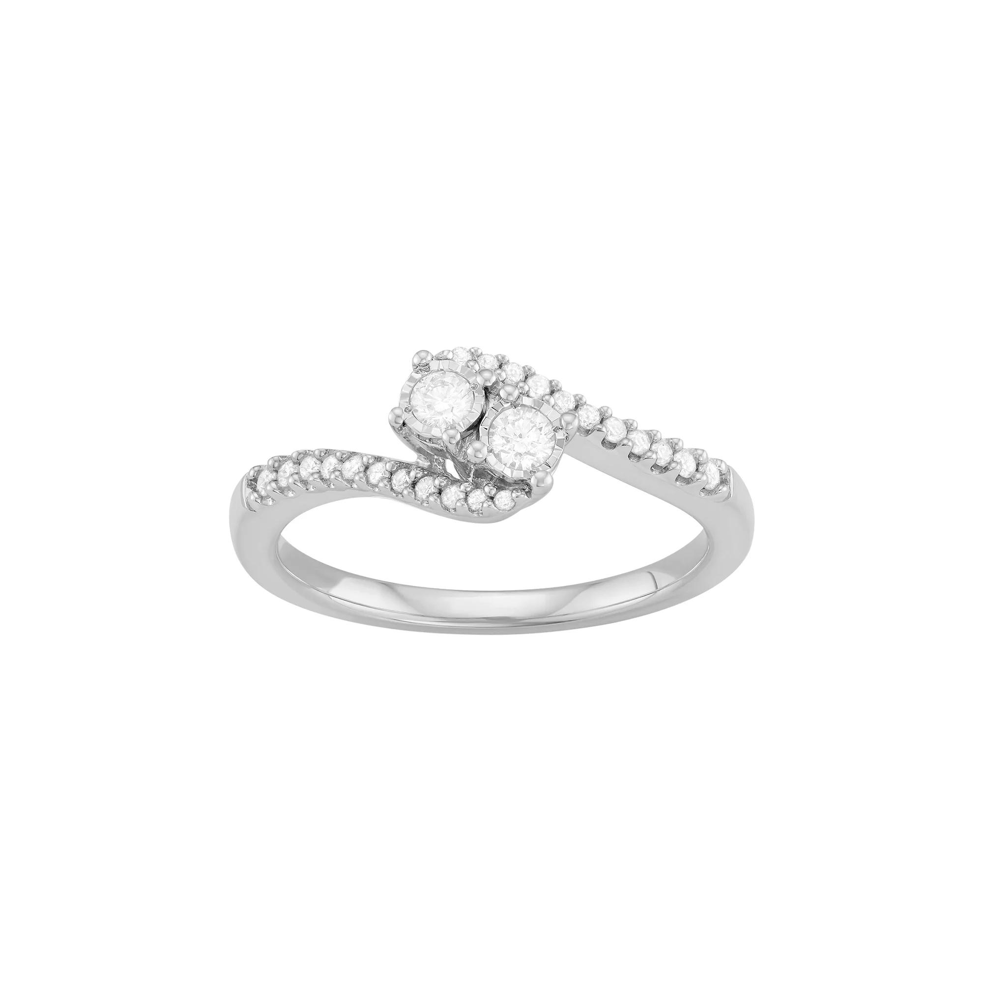 Sterling Silver 1/4 Carat T.W. Diamond 2-Stone Bypass Engagement Ring, Women's, Size: 6, Rhodium Plated Product Image