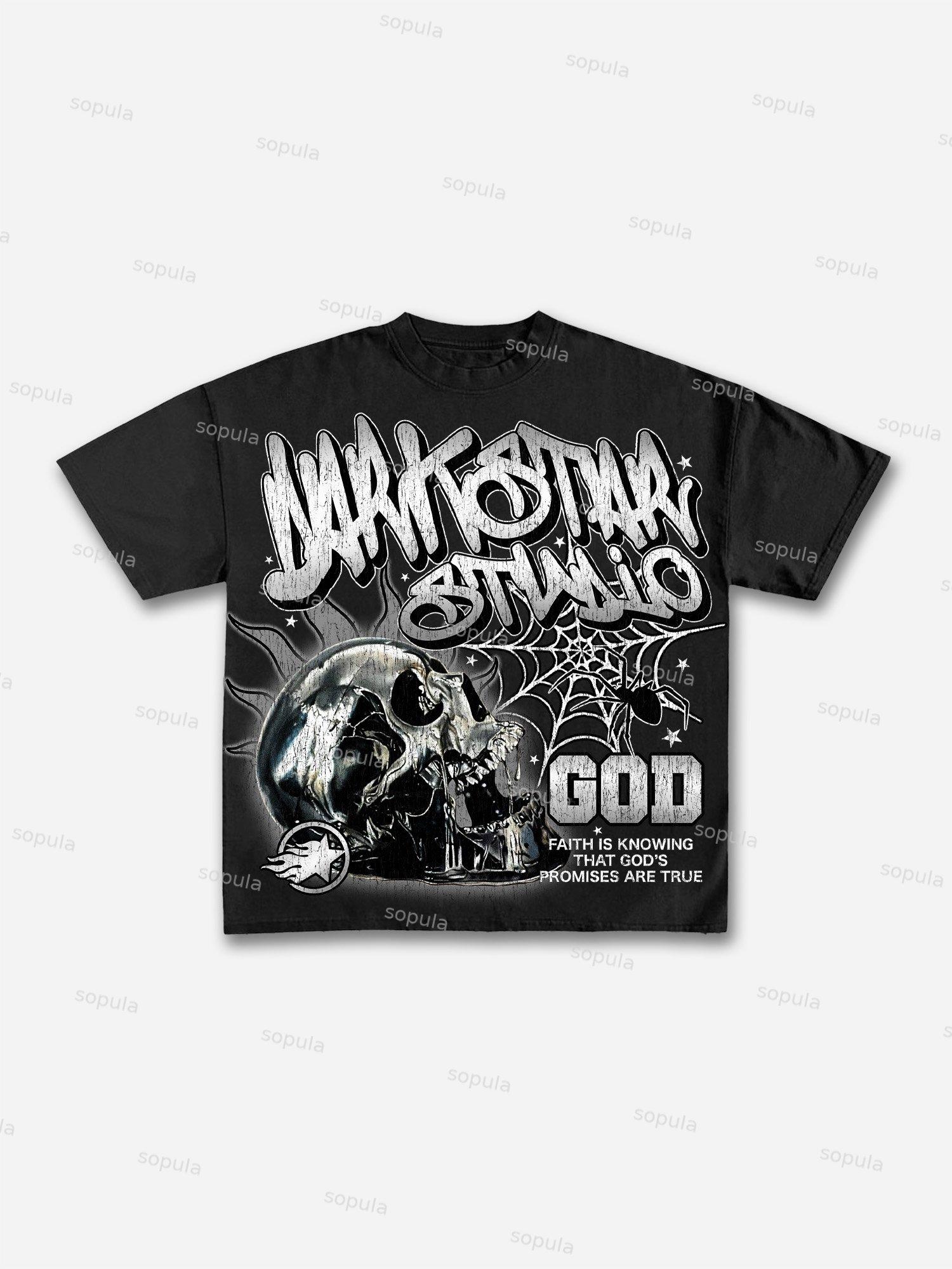 Darkstar-God's Skull Print Pattern Cotton T-Shirt Product Image