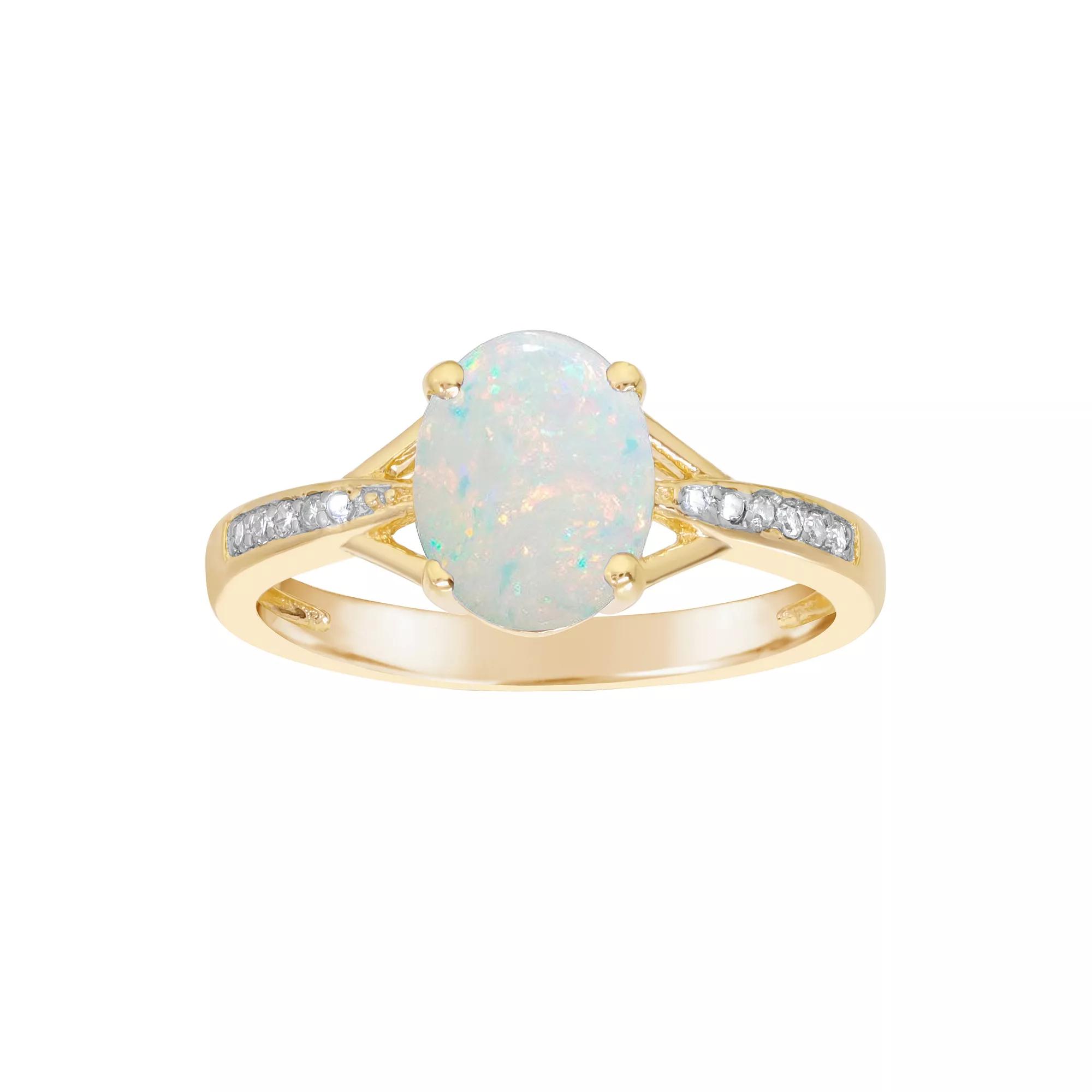 Gemminded 18k Gold over Sterling Silver Oval Lab Created Opal Ring with Diamond Accent, Womens, Gold Tone Product Image