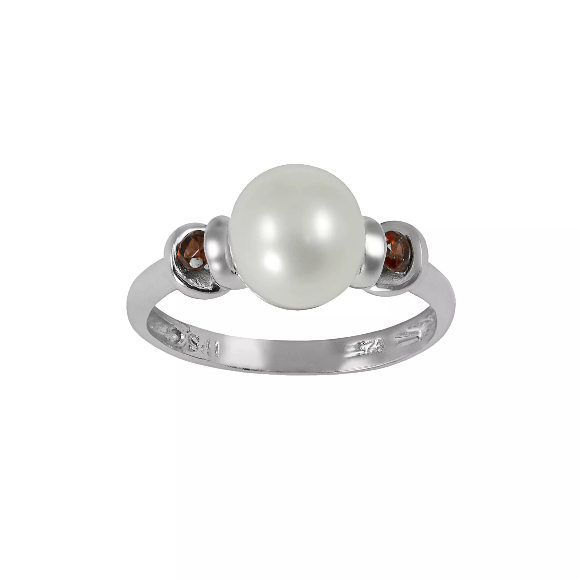 Sterling Silver Freshwater Cultured Pearl and Garnet Ring, Womens White Product Image